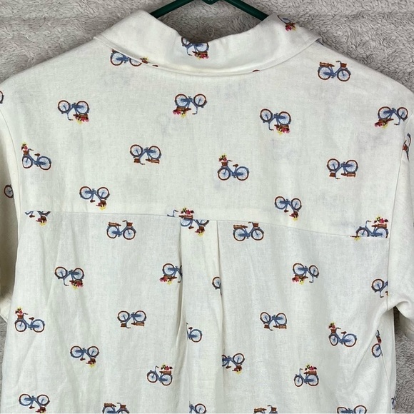 RAE DUNN Bicycle Flowers in Basket Linen Button Up Shirt Medium Novelty Print - Picture 9 of 16